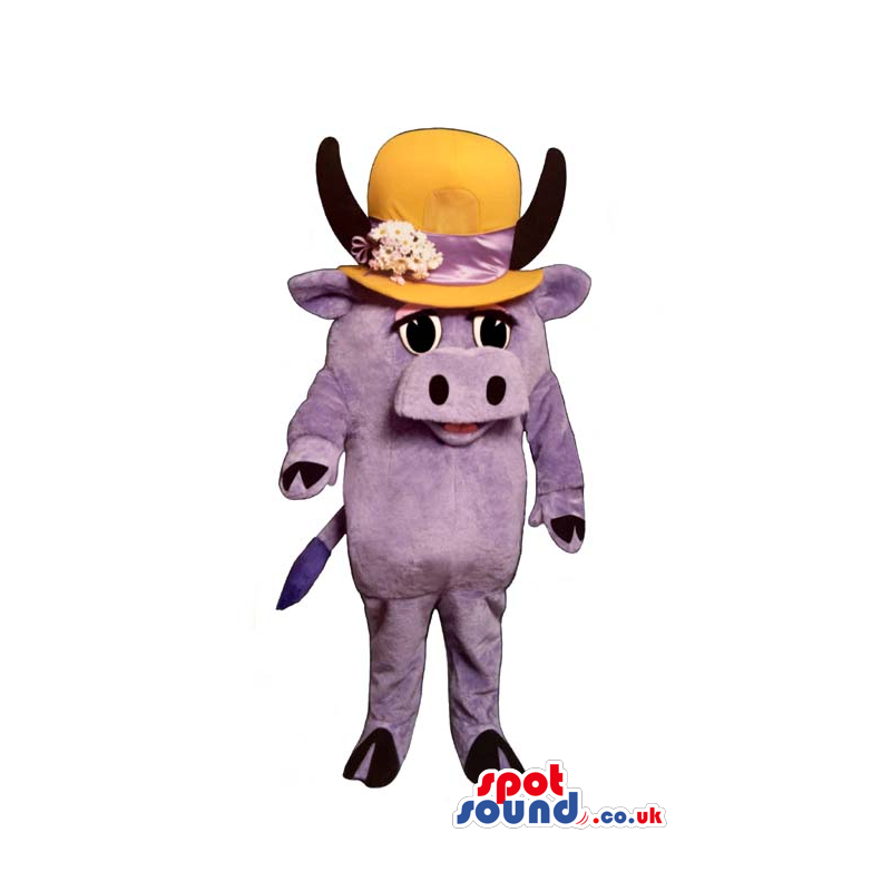 Cute Small All Purple Cow Mascot In A Big Flower Hat - Custom