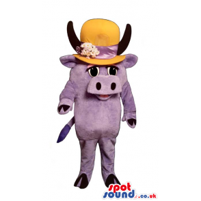 Cute Small All Purple Cow Mascot In A Big Flower Hat - Custom