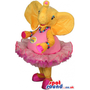 Yellow Elephant Mascot Wearing A Pink Ballet Dress With A Logo