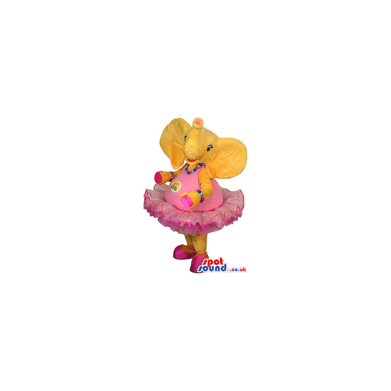 Yellow Elephant Mascot Wearing A Pink Ballet Dress With A Logo