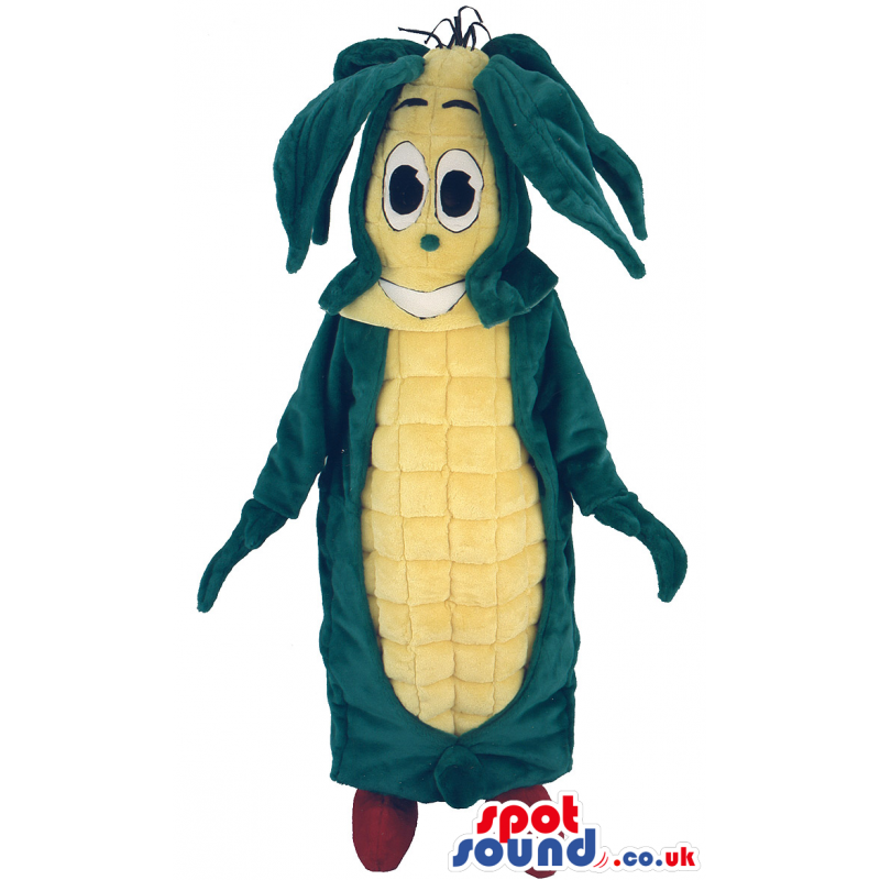 Pleasant corn mascot with green husks and yellow kernets -