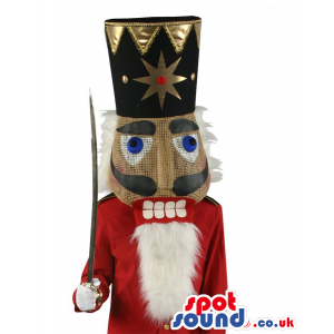 Nut-Cracker Soldier Mascot Wearing A Golden Hat And A Sword -