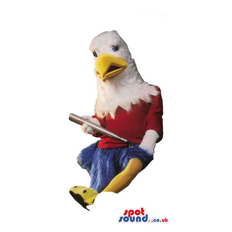 White Eagle Plush Mascot Wearing Clothes With A Baseball Bat -