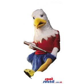 White Eagle Plush Mascot Wearing Clothes With A Baseball Bat -