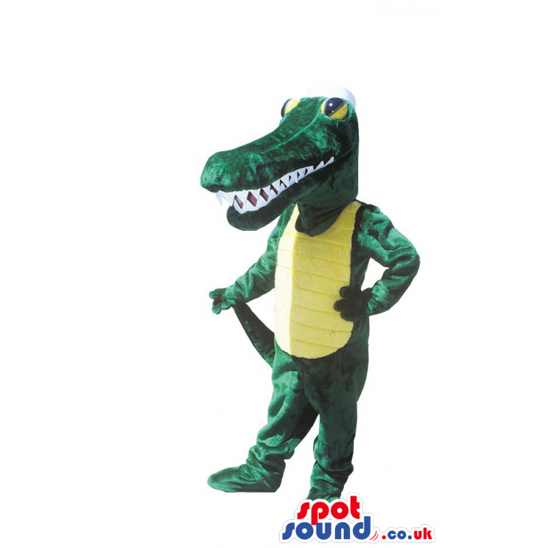 Green And Yellow Crocodile Plush Mascot With Sharp Teeth -