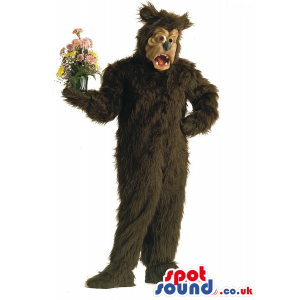 Dark Brown Big Bear Plush Mascot With A Flower Vase - Custom