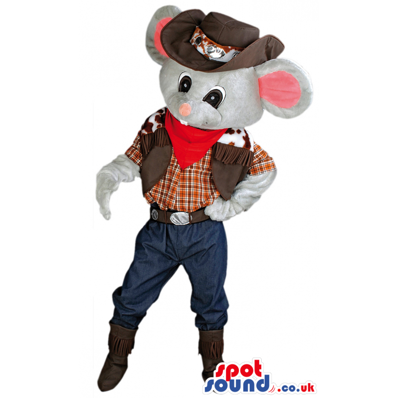 Grey mouse mascot wearing cowboy outfit with red foulard -