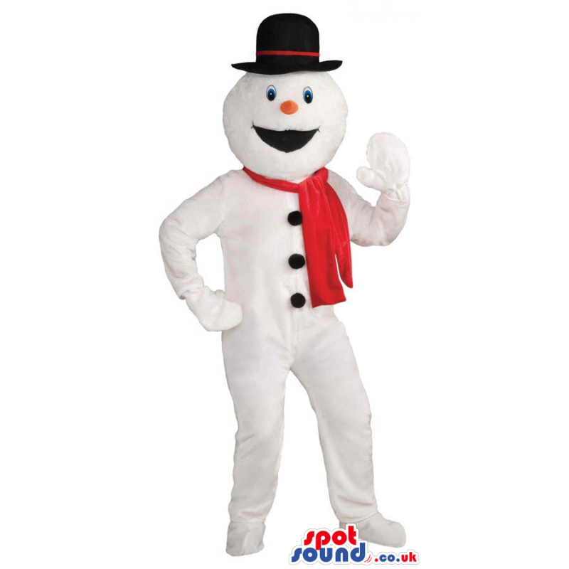 Winter Snowman Mascot Wearing A Red Scarf And A Top Hat -