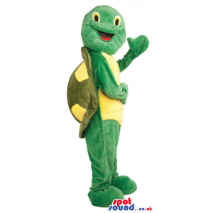 Green Turtle Plush Mascot With A Yellow Body And A Back Shell -