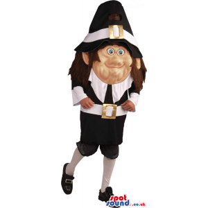 Cute Pilgrim Character Mascot With Black And White Clothes -