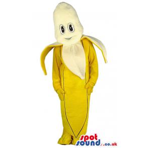 Banana mascot with it's yellow peel costume on with a stiff