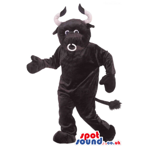 Customizable Cute Black Bull Plush Mascot With A Nose Ring -
