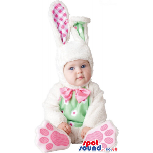 White And Pink Rabbit With Flowers Baby Size Plush Costume -