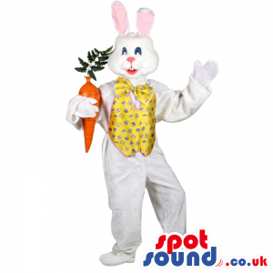 White Rabbit Plush Mascot In A Yellow Vest With A Big Carrot -