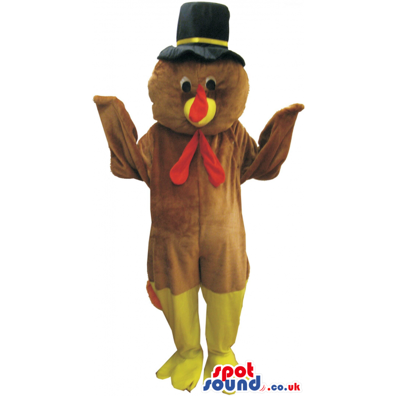 Turkey Plush Mascot With A Yellow And Red Tail Wearing A Hat -