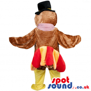 Turkey Plush Mascot With A Yellow And Red Tail Wearing A Hat -