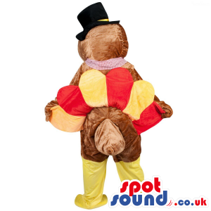 Turkey Plush Mascot With A Yellow And Red Tail Wearing A Hat -