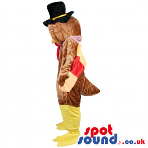 Turkey Plush Mascot With A Yellow And Red Tail Wearing A Hat -