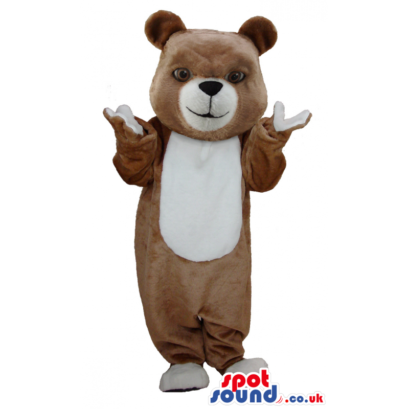 Brown soft bear mascot with white snout, paws and undebelly -