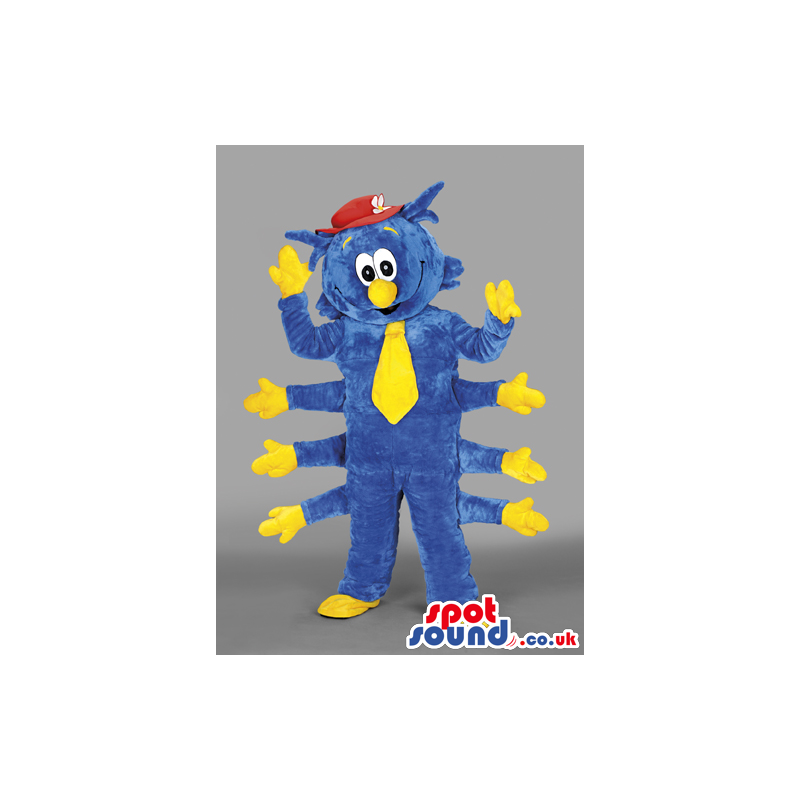 Standing blue centipede mascot wearing yellow gloves and shoes