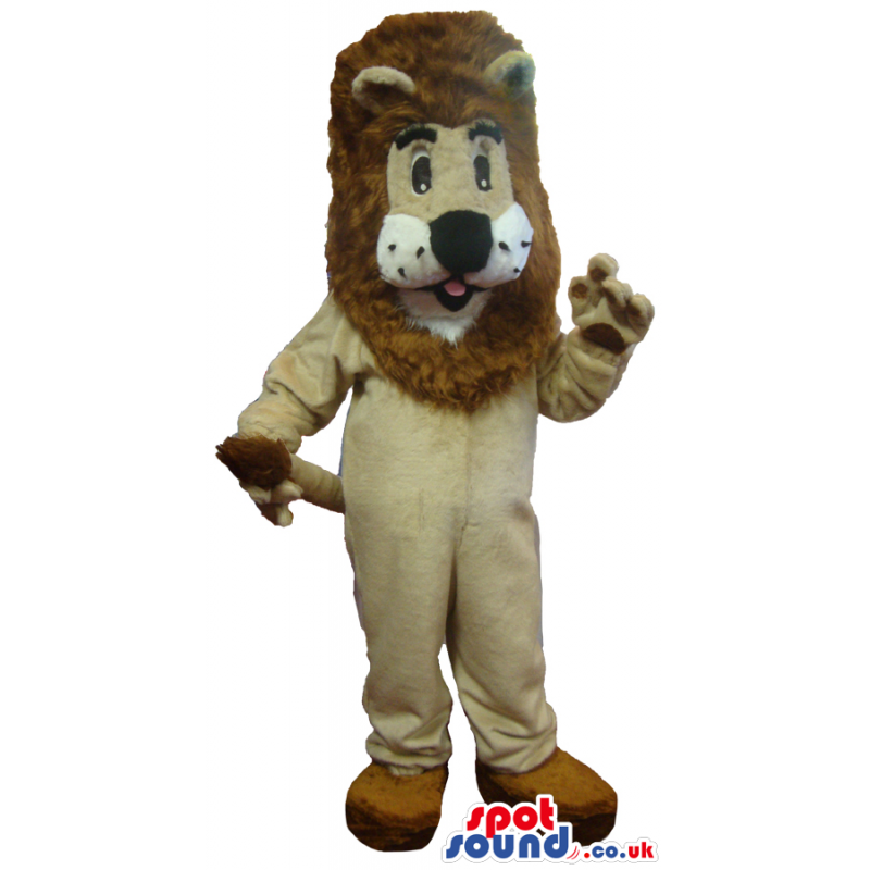 Big Beige Lion Plush Mascot With Big Brown Hair And Funny Face