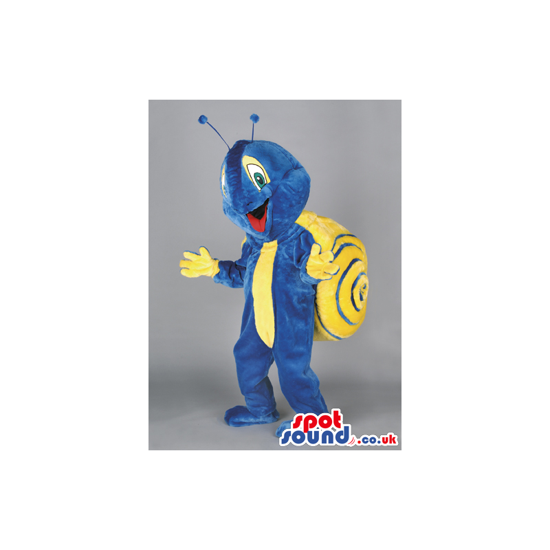 Delighted blue snail mascot with yellow shell and antennae -