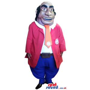 Human Mascot Wearing Red And Blue Clothes And A Tie With A Logo