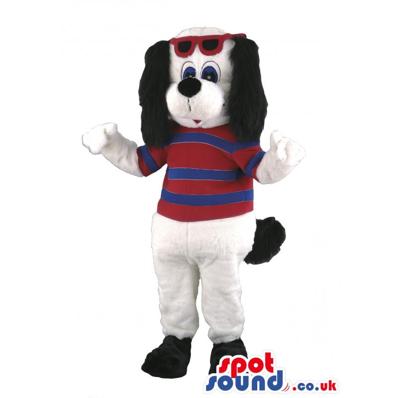Puppy mascot with his red and blue t-shirt and red shades -