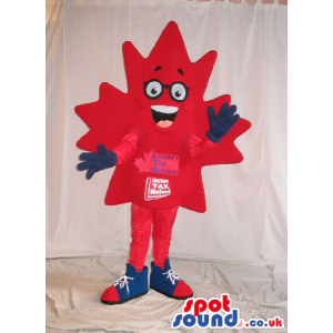 Cute Red Maple Leaf Plush Mascot In Glasses With Logos And Text