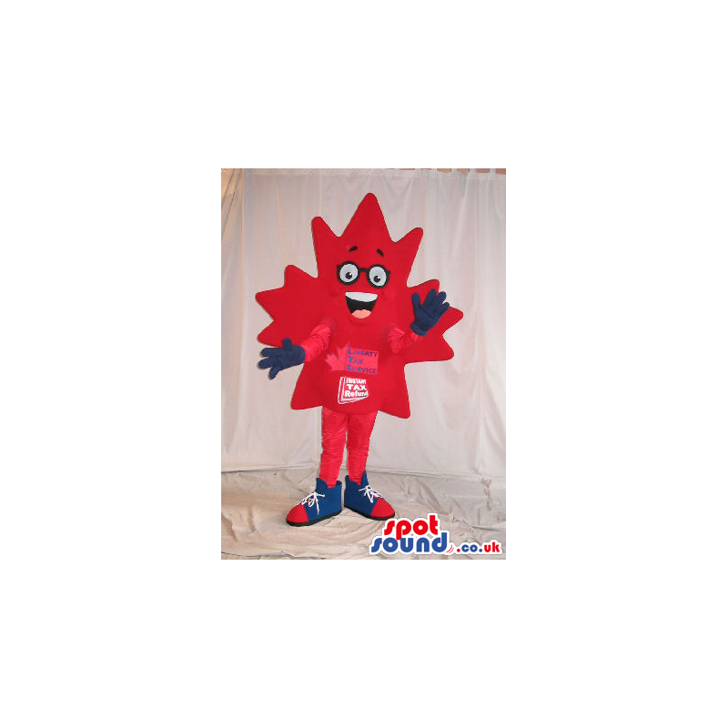 Cute Red Maple Leaf Plush Mascot In Glasses With Logos And Text