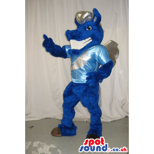 Blue Pegasus Plush Mascot With Silver Wings Wearing Shinny