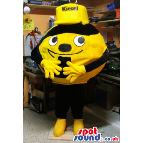 Cute Round Bee Plush Mascot Wearing A Yellow Cap With Text. -