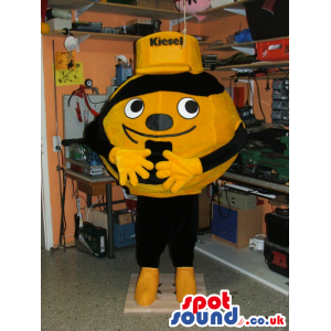 Cute Round Bee Plush Mascot Wearing A Yellow Cap With Text. -