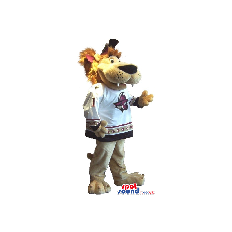 Customizable Brown Funny Lion Plush Mascot In A Sports Shirt -
