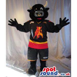 Black Bull Plush Mascot Wearing Sports Clothes With A Logo -