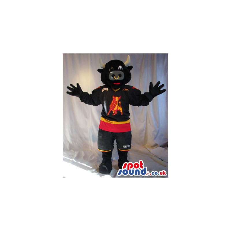 Black Bull Plush Mascot Wearing Sports Clothes With A Logo -