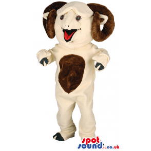 Pleased beige ram mascot with brown curly horns and underbelly