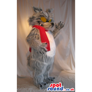 Grey And White Wolf Plush Mascot Wearing Scarf And Sunglasses -