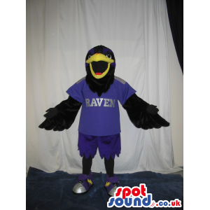 Black Raven Bird Plush Mascot Wearing Purple Sports Clothes -