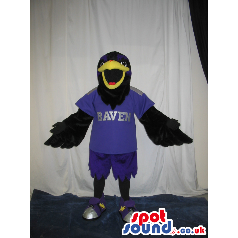 Black Raven Bird Plush Mascot Wearing Purple Sports Clothes -