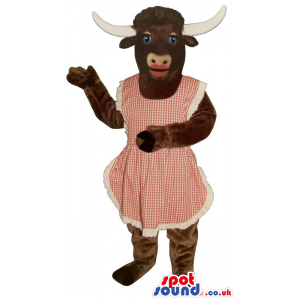 Brown Cow Plush Mascot With Red Lips Wearing A Red Apron -