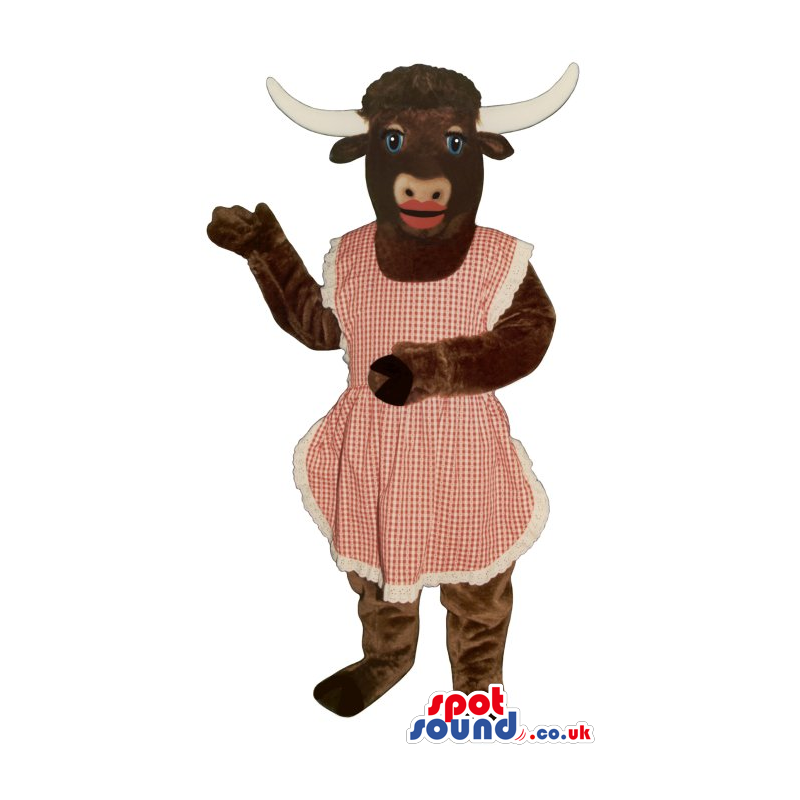 Brown Cow Plush Mascot With Red Lips Wearing A Red Apron -