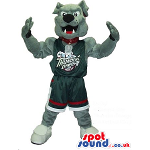 Grey Bulldog Plush Mascot In Basketball Team Clothes With Text