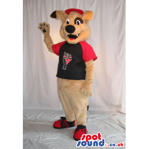 Brown And Black Dog Plush Mascot Wearing A Sports T-Shirt -