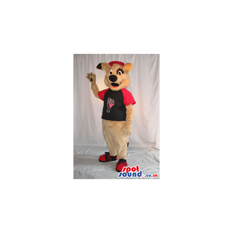 Brown And Black Dog Plush Mascot Wearing A Sports T-Shirt -