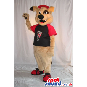 Brown And Black Dog Plush Mascot Wearing A Sports T-Shirt -