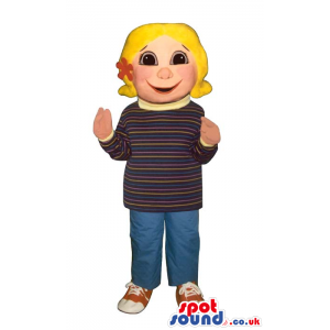 Cute Blond Girl Mascot Wearing A Sweater And Jeans. - Custom