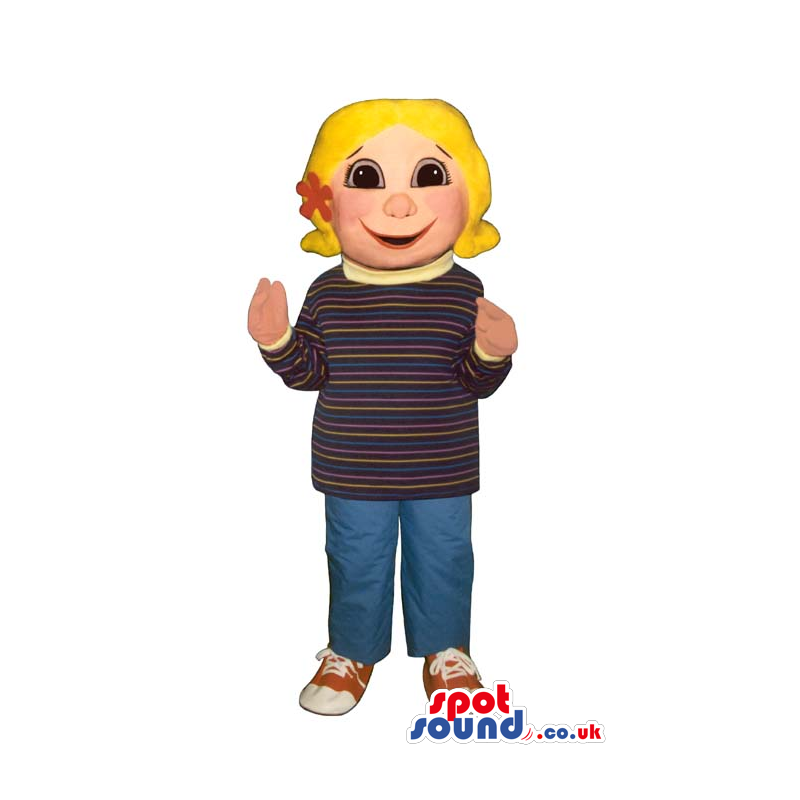 Cute Blond Girl Mascot Wearing A Sweater And Jeans. - Custom