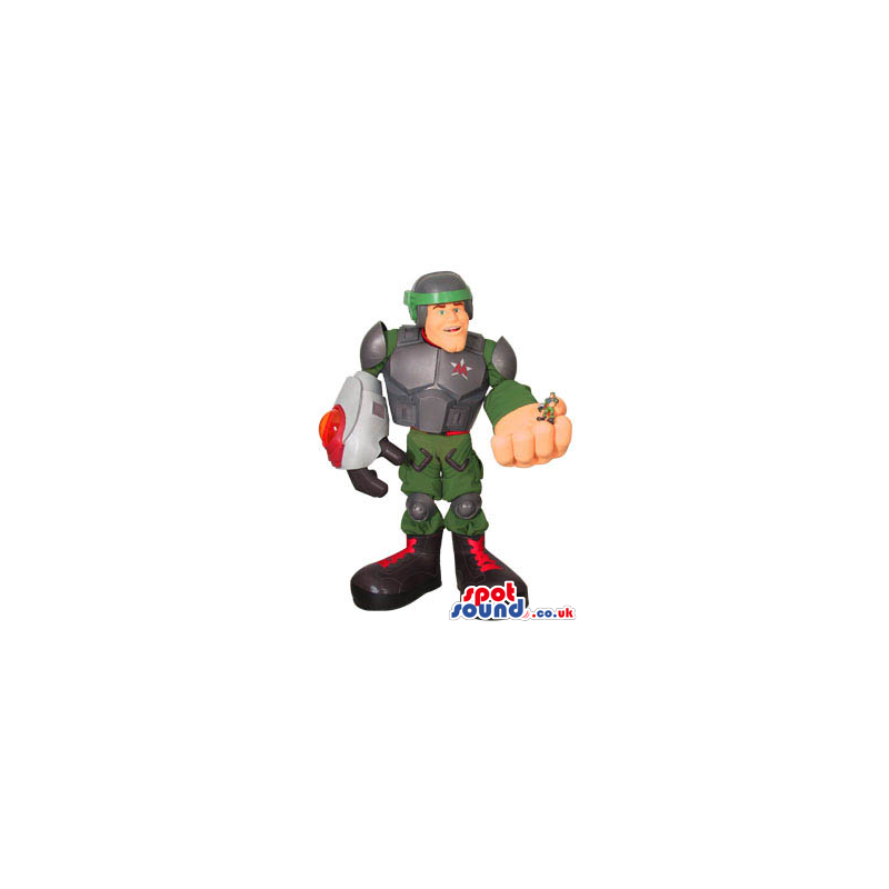 Cool Giant Hero Mascot Holding A Small Toy Human On His Hand -