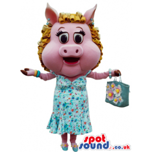 Pig Girl Plush Mascot With A Shopping Bag Wearing A Blue Dress